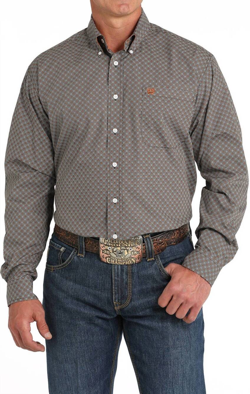 NEW CINCH geometric button down shirt in brown